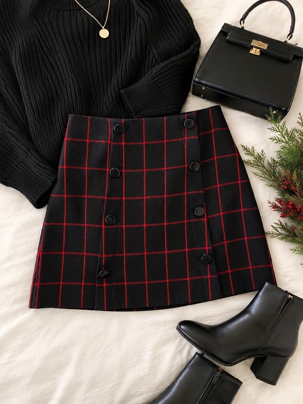LOFT Size 10 Black Red Windowpane Plaid Button Mini Skirt